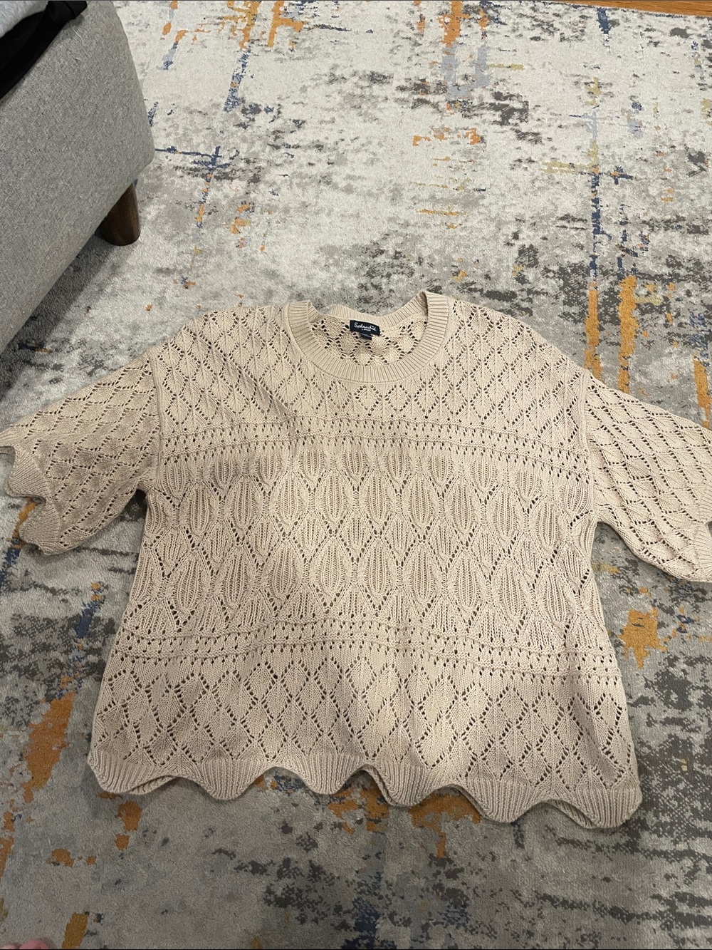 Splendid Cream Openwork Scallop-Hem Crewneck Sweater